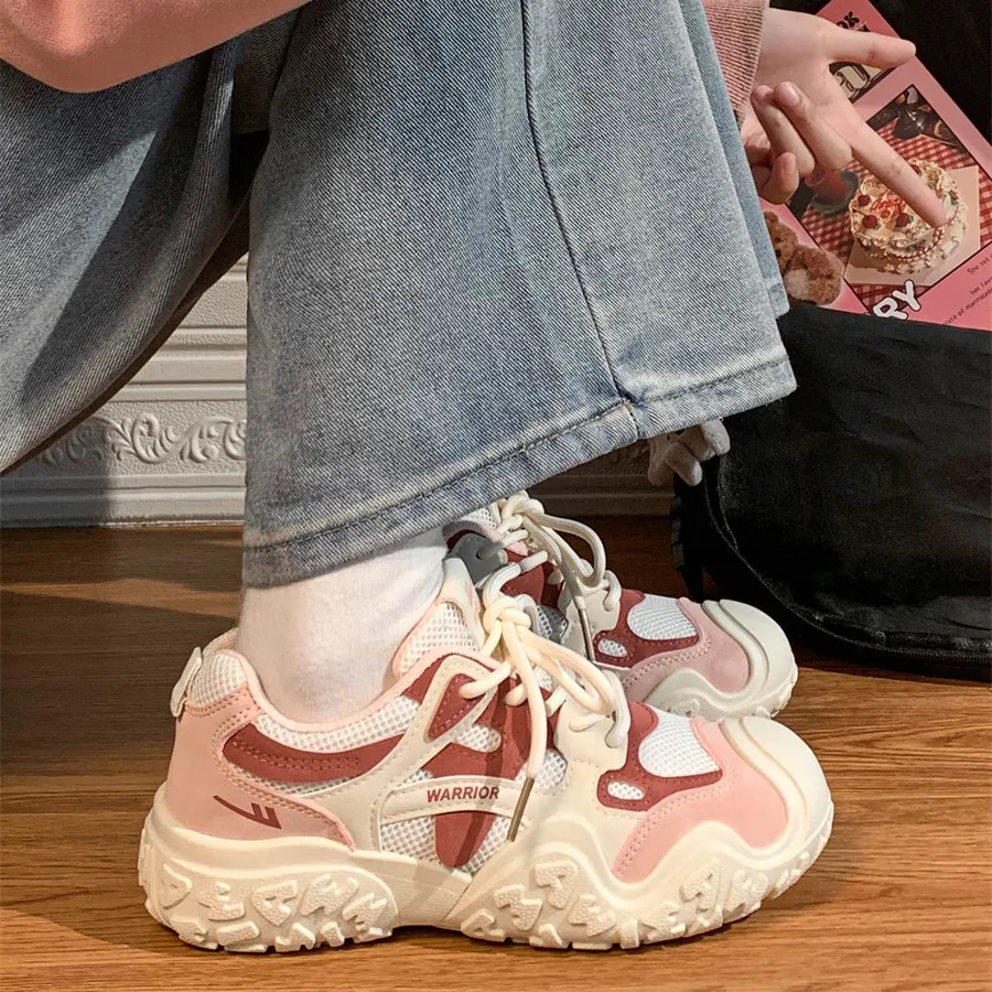 Warrior Women's Thick-soled Lightweight Hiking Shoes Fashion Dad Shoes 4518Z Beige/Pink Size 37