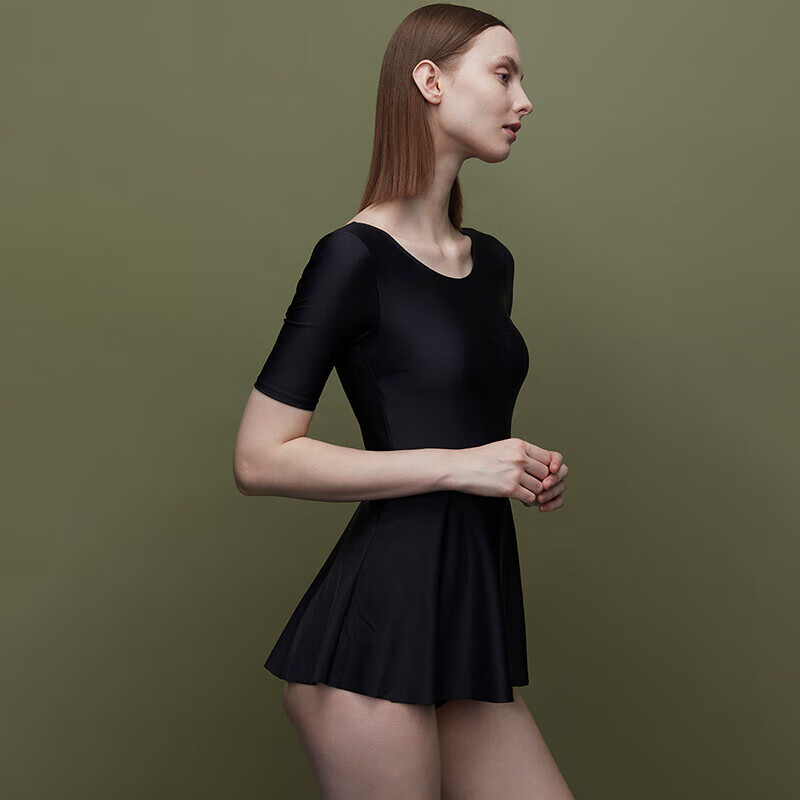 Yizi Women's Conservative One-Piece Swimsuit Dress-Style Swimwear, Hot Spring Slimming Swimsuit, EZI20W128, Black, M