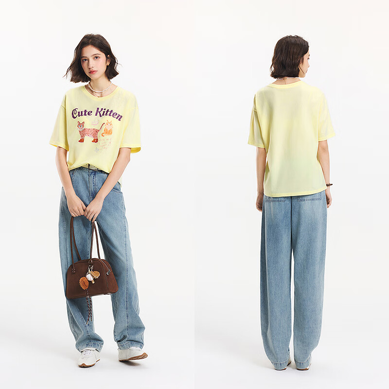 Semir Short-Sleeve T-Shirt for Women, Mid-Length Cute Pet Print Top, Summer Breathable Moisture-Wicking Loose Pullover 10932510005