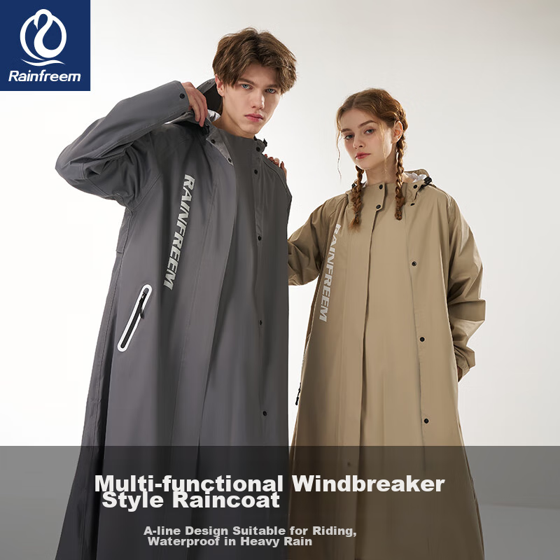 Qinfenman Raincoat, Electric Bicycle Long Raincoat, One-Piece Full-Body Rain Protection, Delivery Rider Windbreaker, Rain Cape, Gray, 3XL