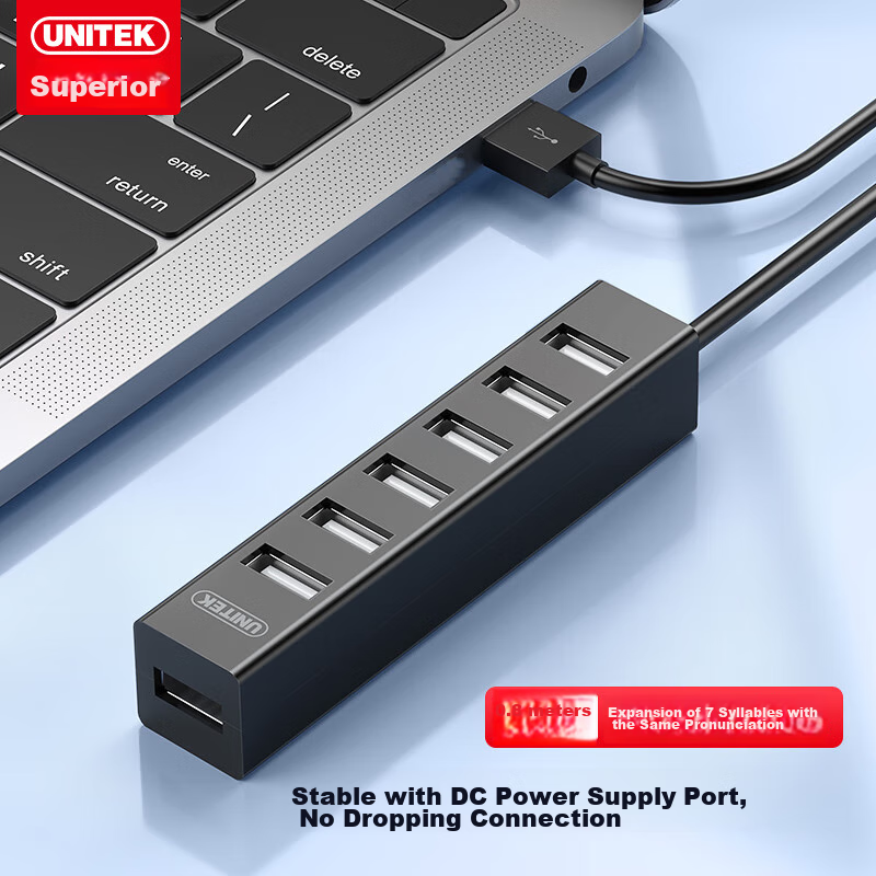 UNITEK USB Hub, One-To High-Speed Expansion, 7 Ports 2.0 HUB Concentrator, Expansion Dock, Laptop Adapter, Extension Cable, 0.8 Meters, Y-2160BK