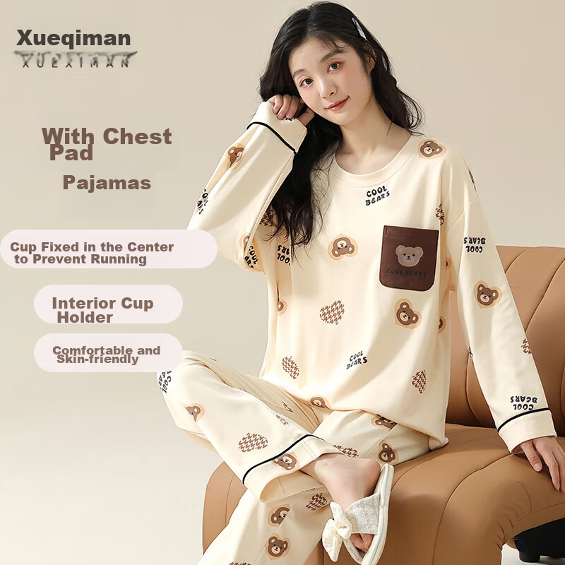 Xueximan Women's Cotton Pajamas, Versatile Cute Bear Print, Built-In Bra Pads, Suitable for Dorm Wear And Outdoor Use, Long-Sleeve Loungewear, Size M