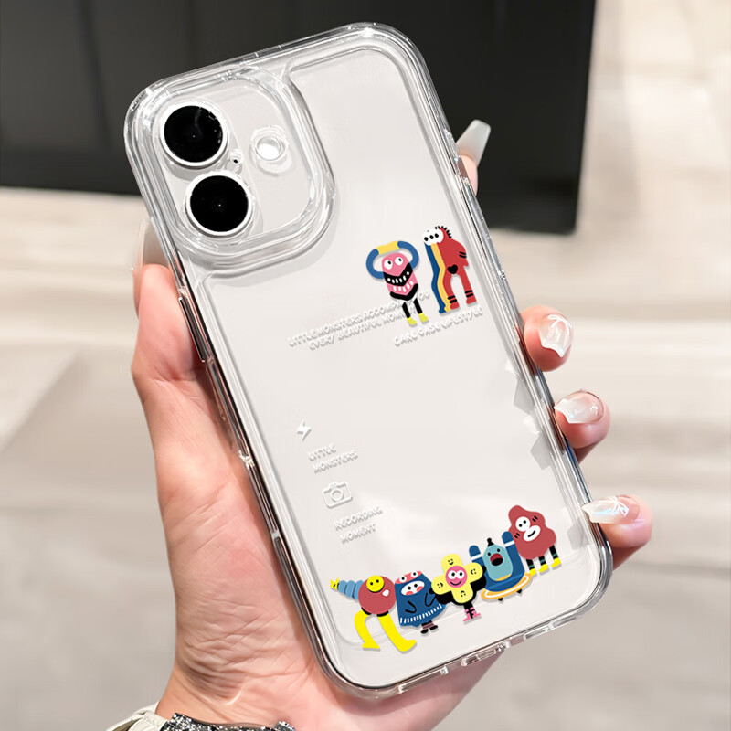 Yingkaida Apple 16 Phone Case iPhone 16 Protective Cover Full Package Soft Shell Anti-wear Anti-fall Men and Women Models Protective Shell Transparent Colorful Painting Little Monster Sitting in a Row