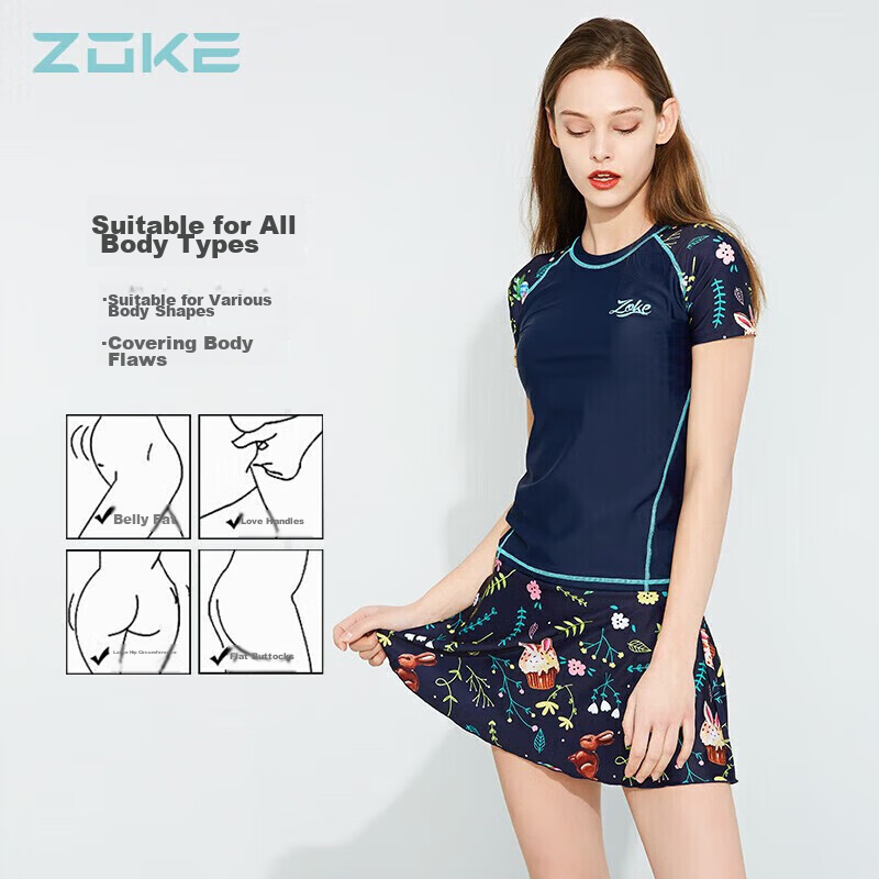 Zhouke Women's Two-Piece Swimsuit Skirt Dress Short Sleeve Hot Spring Boyshort 120501242 Deep Blue Bottom Yellow Green Floral M