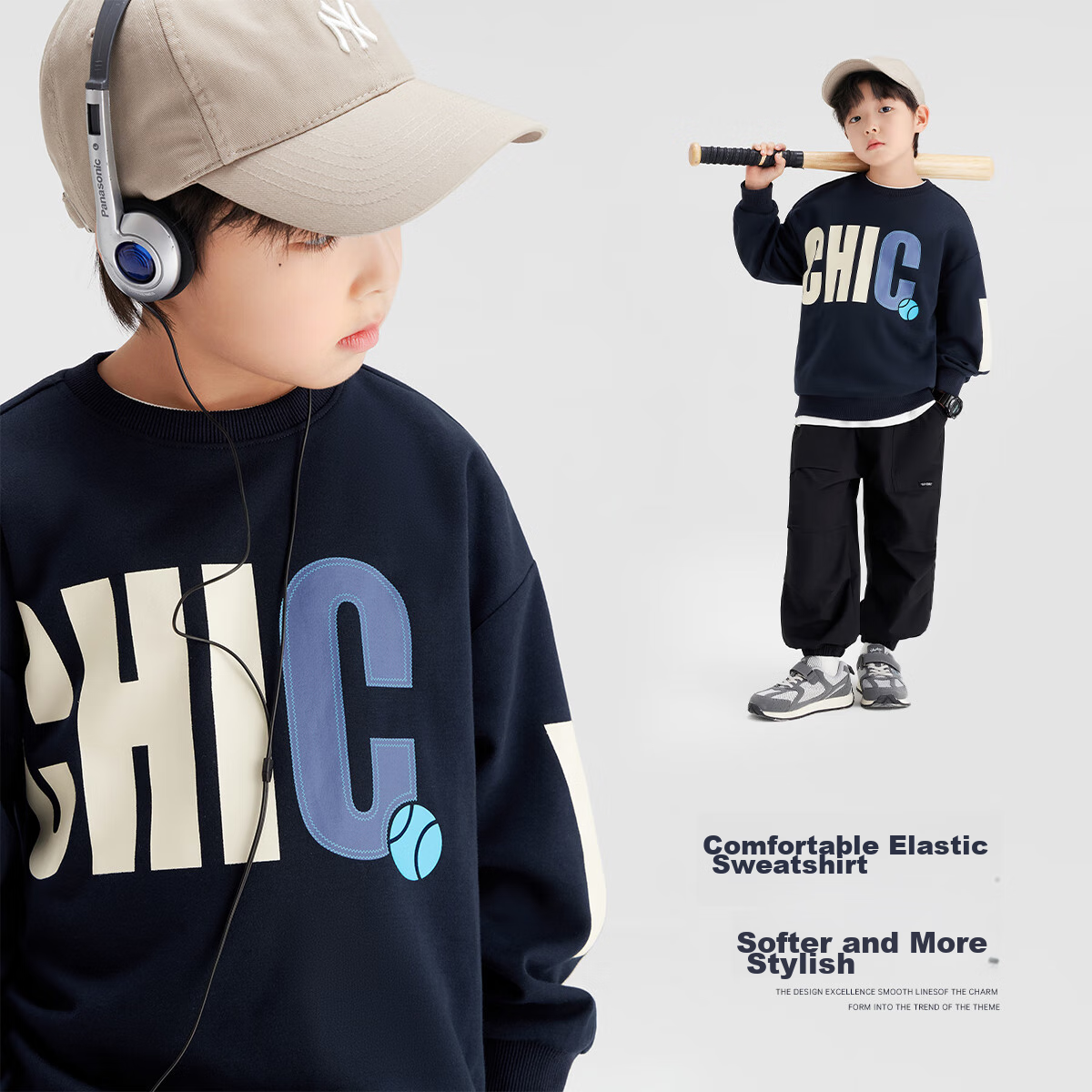 Zuoxi Boys' Sweatshirt, Stylish Spring Outfit 2025 New Style, Children's Top, Big Boys' Spring And Autumn Clothing, Trendy, Navy Blue, Size 110