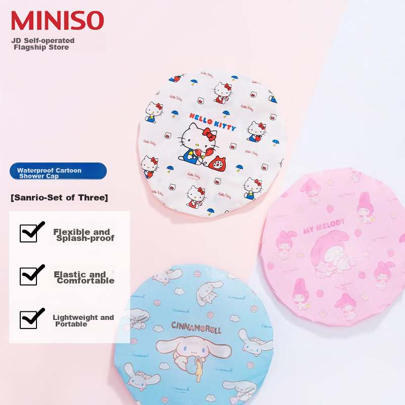 MINISO Sanrio Waterproof Cartoon Shower Cap, Waterproof Bathing Cap, Oil-Bathing Cap, Travel Portable (3 Pieces)
