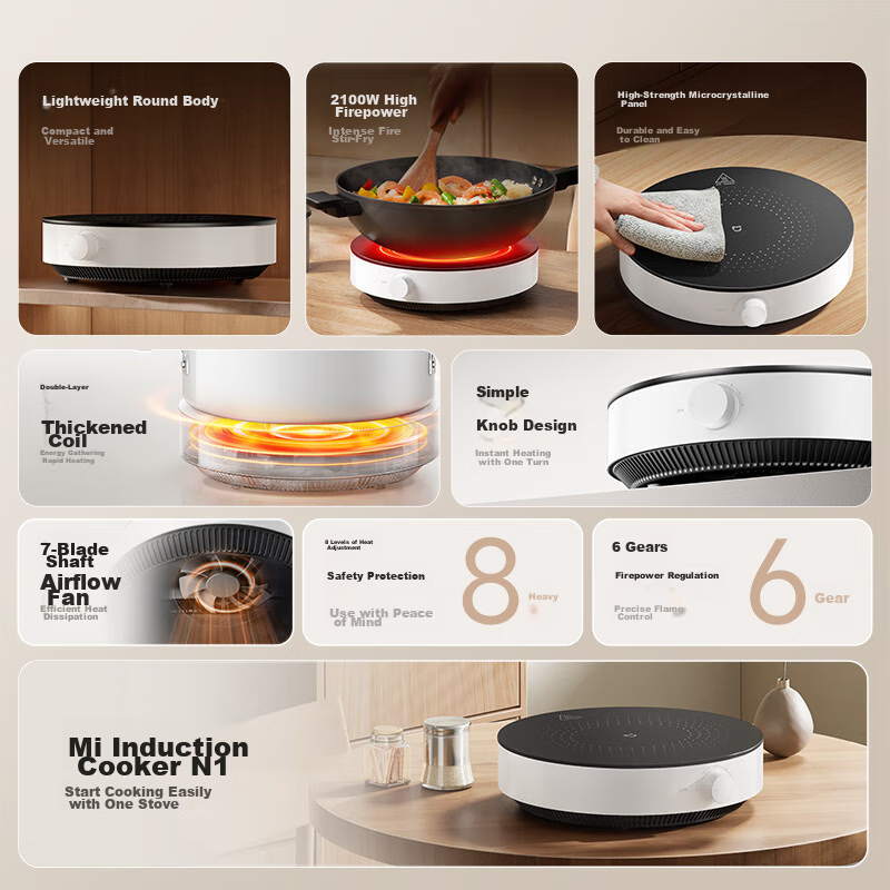 Mijia Xiaomi Induction Cooker, Round without Open Flame, Multi-Functional High-Power Cooking for Home Kitchen, Boiling Water And Brewing Tea, Mechanical Knob N1 [Youth Edition Upgrade]
