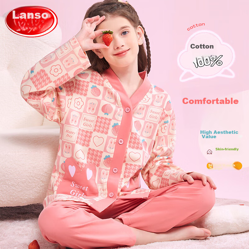 Langsha Children's Pajamas for Girls, Spring And Summer Thin Pure Cotton Printed Long-Sleeve Home Wear Set for Older Children, Pink Strawberry, Size 160