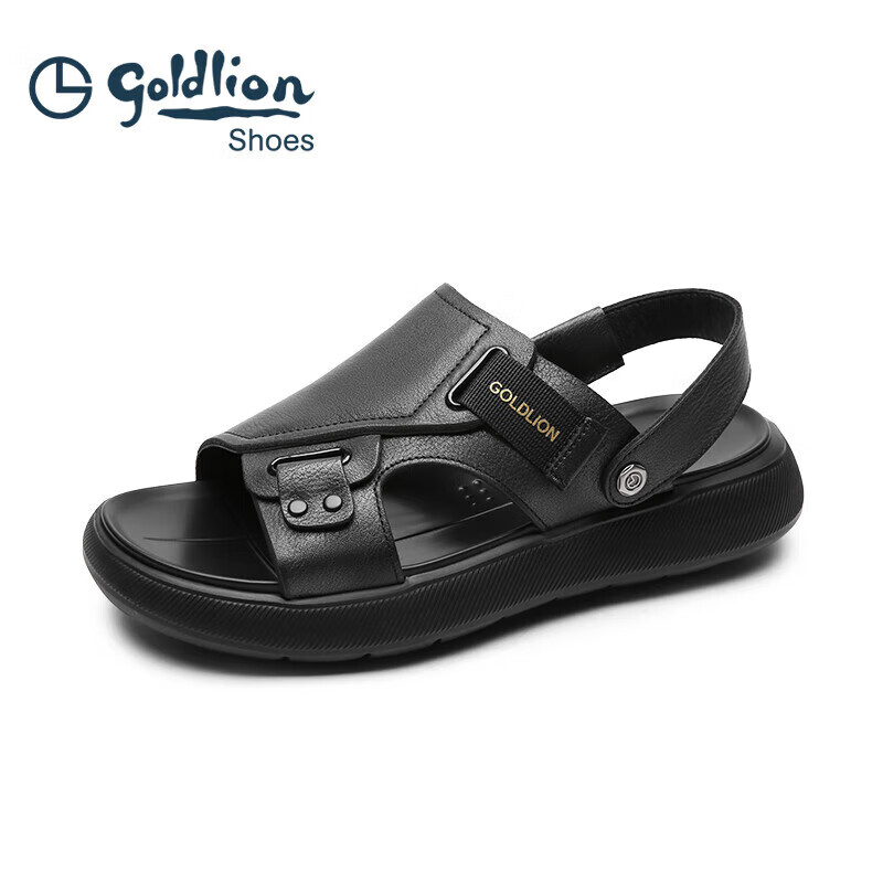 Goldlion Men's Sandals, Summer Lightweight And Soft, Dual-Use Outdoor Beach Leather Shoes, G542420028AAF, Black, Size 43