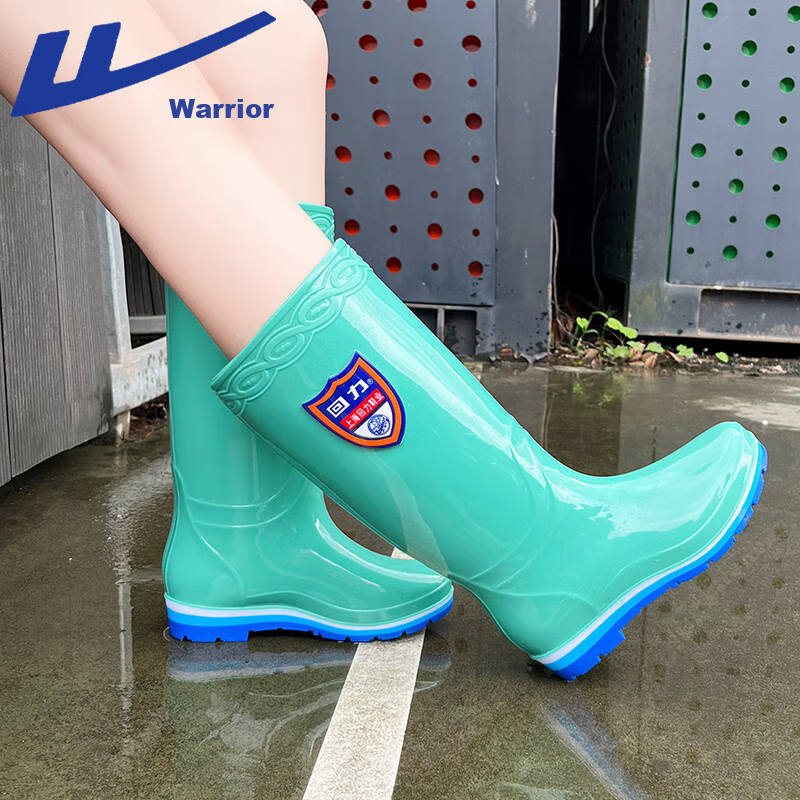 Warrior Rain Boots for Women, High-Top, Fashionable, Outdoor, Wear-Resistant, Non-Slip, Rubber Shoes, Waterproof, Long Boots, 03-1 Green, Size 38