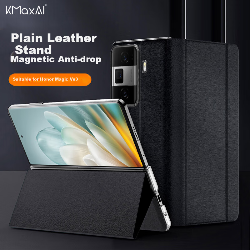 KMaxAI Flip Cover Case for Honor Magic Vs3 with Stand Magnetic Closure Full Protection Mirror Lens Business Leather Case Black