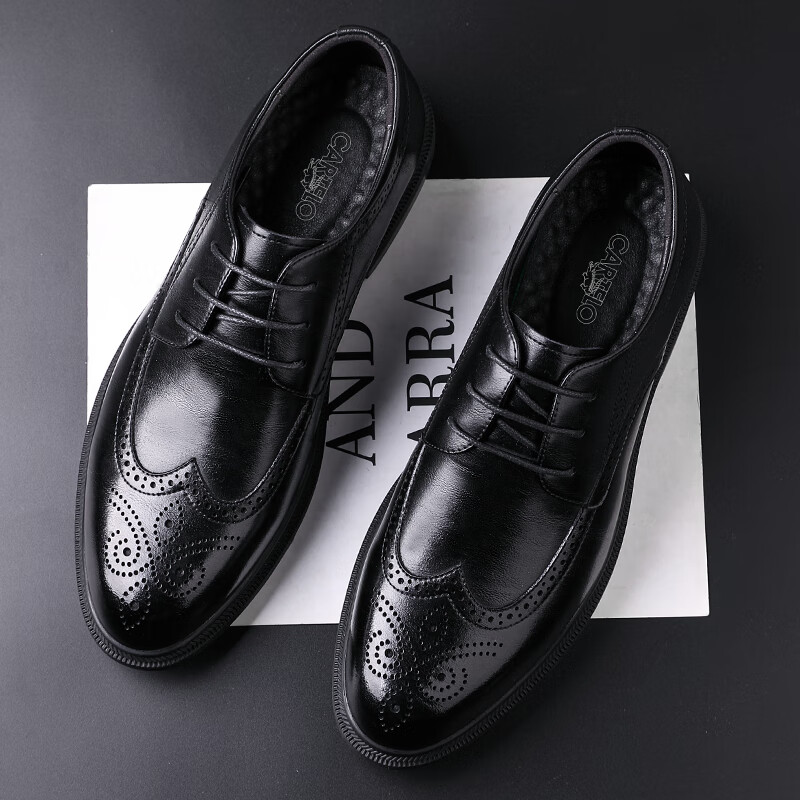 CARTELO Men's Shoes, British Brogue Leather Shoes, Cowhide Casual Shoes with Hidden Heel, Formal Shoes, 9495 Height-Increasing, Size 41