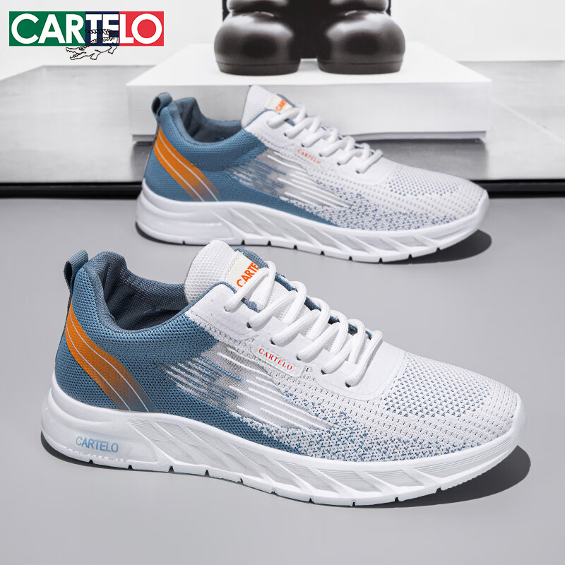 CARTELO Men's Shoes, Casual, 2025 Summer Footwear, Trendy, Breathable Mesh, Men's Running Sneakers, White And Blue, Size 43