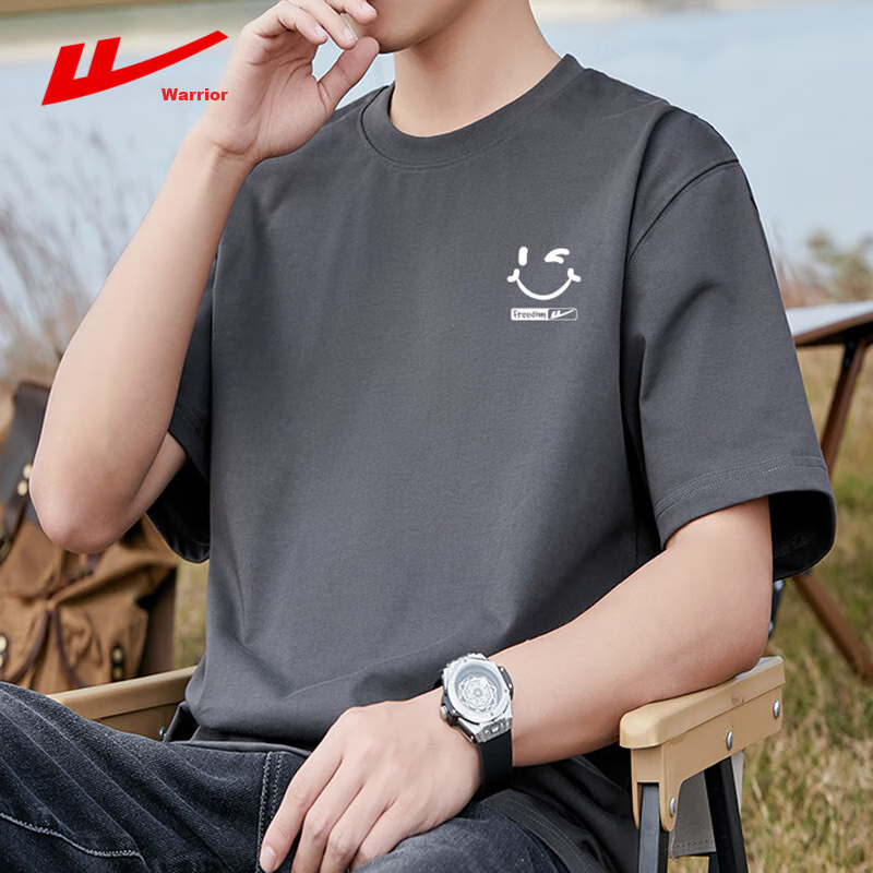 Warrior Short-Sleeve Men's Summer T-Shirt, Pure Cotton Breathable Undershirt, Round Neck Sweat-Absorbing Top, Trendy Casual Menswear, Gray, 4XL