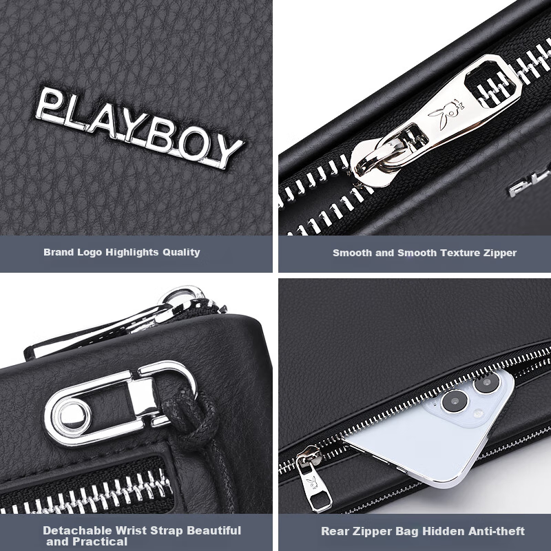 Playboy Men's Handbag, Top-Grain Leather Clutch, Men's Business Large-Capacity Envelope Bag, Pocket Bag, Casual Bag, Black