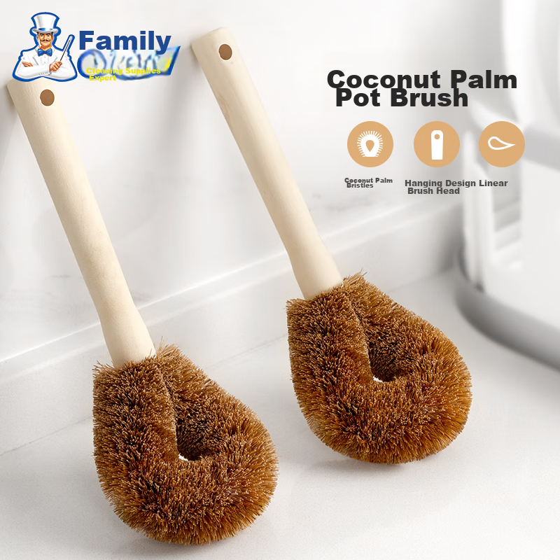 Shijia Natural Coconut Palm Pot Scrubber, Long Handle Kitchen Cleaning Brush, Stain Remover, 2-Pack