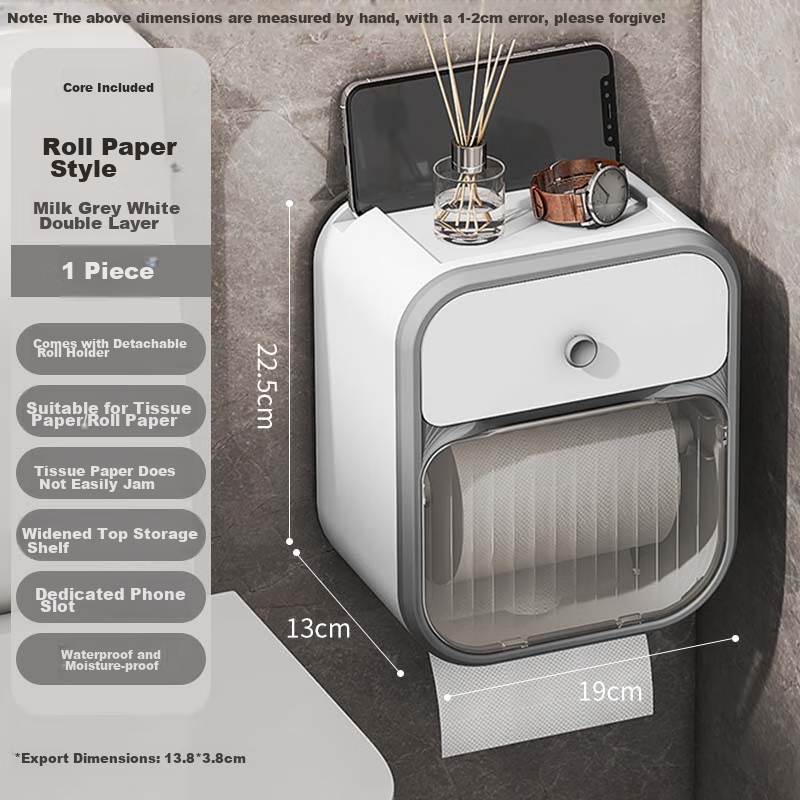 Shangmeide Bathroom Tissue Box, Double-Layer, No Drilling Required, Toilet Paper Roll Holder, Bathroom Tissue Storage Rack, Bathroom Paper Towel Holder, Minimalist Gray