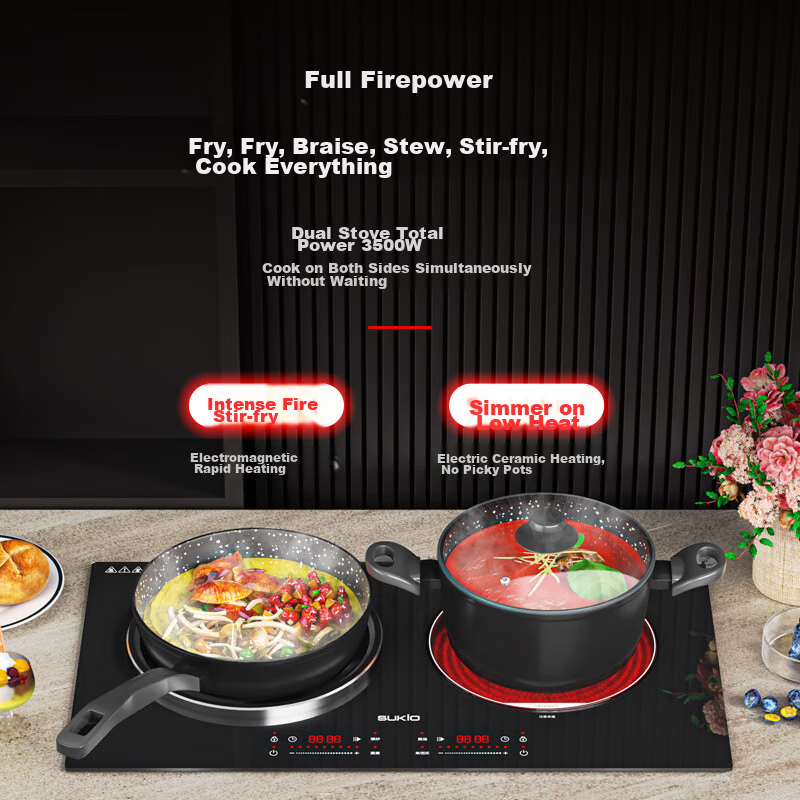SUKIO Built-In Induction Cooker, Dual Burner, High Power, Household Stir-Fry Induction Cooker, Concave Countertop And Built-In Dual-Use Induction Cooker, Ceramic Cooker, Dual Burner, Left Concave Righ