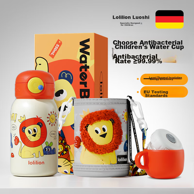 Luoshier Children's Insulated Water Bottle, Antibacterial Stainless Steel Portable Cup, for Boys And Girls, Students, Toddlers, with Straw, Double Lid