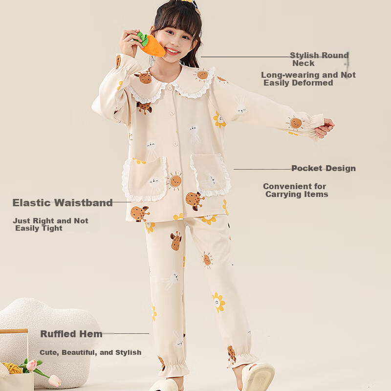 MiiOW Girls' Thin Cotton Long Sleeve Pajamas Spring and Autumn Children's Home Wear Big Kids Girls Princess Style Set 140