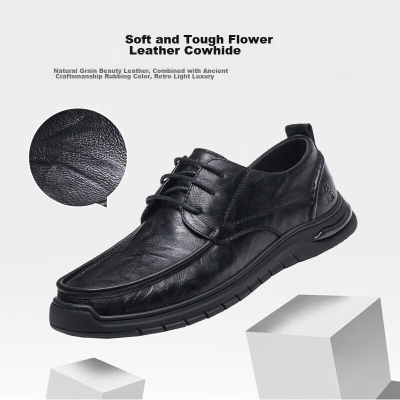 CAMEL Vintage Distressed Cowhide Wear-Resistant Soft-Soled Bulbous Casual Business Leather Shoes for Men, G13S201051, Black, Size 41