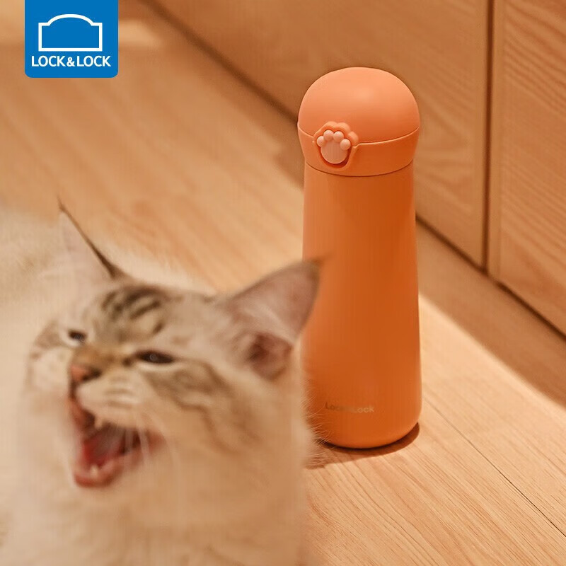 LOCK&LOCK Meow Bouncy Insulated Tumbler, Cute Portable Stainless Steel Water Cup, Orange, 400mL, LHC3293ORG