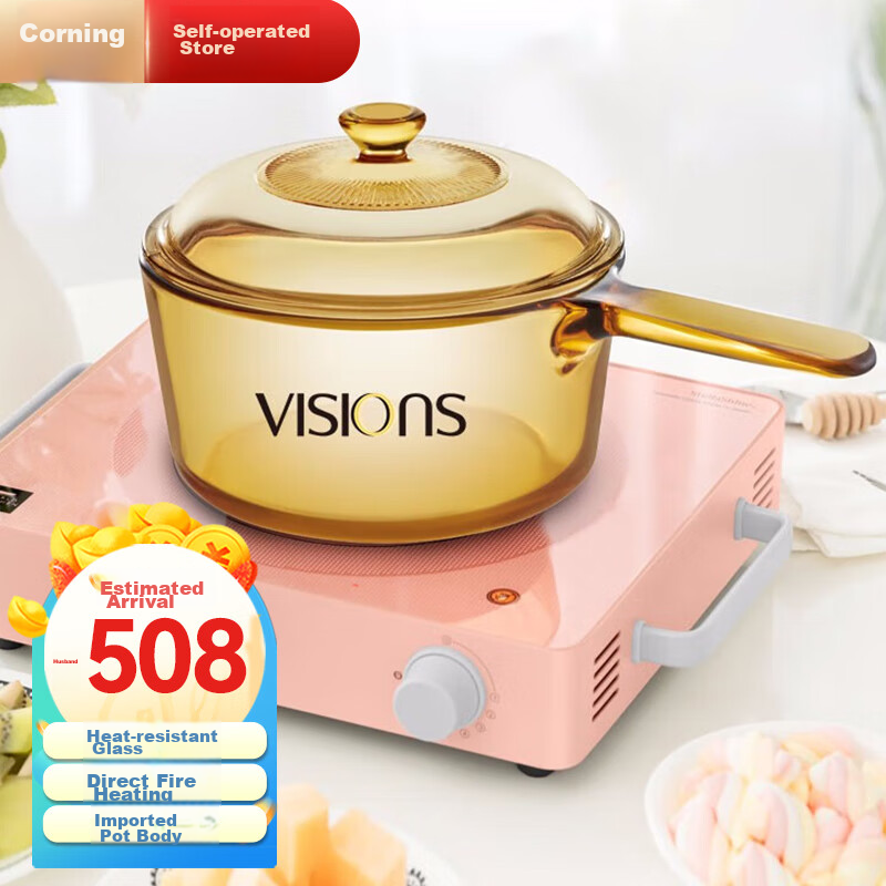 Corning (VISIONS) Crystal Series Glass Soup Pot 1.6L Single-Handle Milk Pot Stew Pot Cooking Pot Suitable for Open Flame, Kitchen Essential