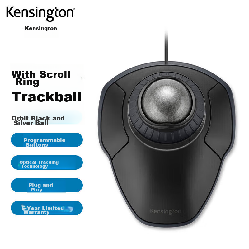 Kensington Trackball, Ergonomic Mouse, Home And Office Design, PS Drawing Mouse, with Control Ring, Suitable for ASUS, Lenovo, HP, Apple, Black, K75327