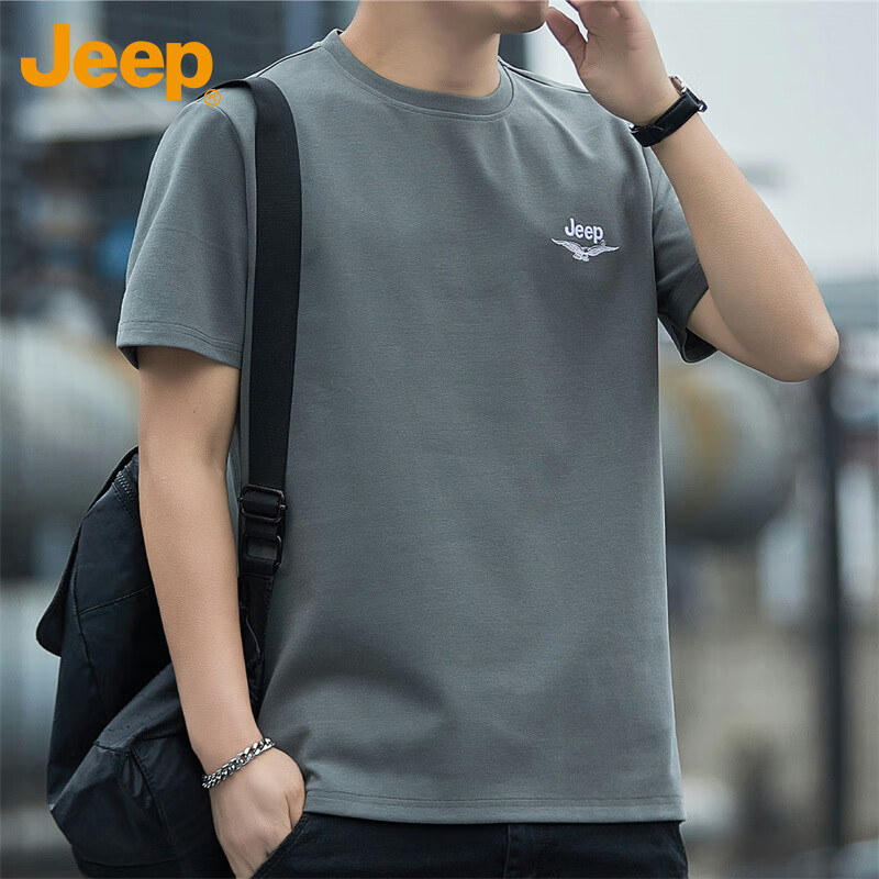 JEEP Men's Short Sleeve T-shirt Spring Summer Loose Cool Round Neck Casual Sports Breathable Clothing Men's Wear Grey L