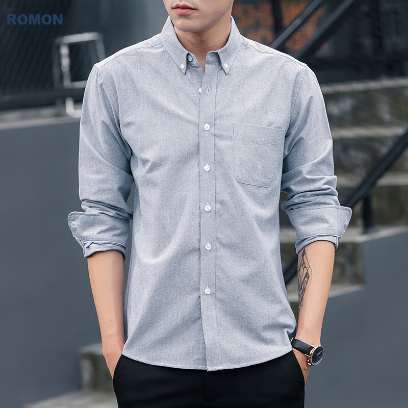 ROMON Casual Fashion Solid Color Cotton Long Sleeve Casual Business White Shirt Oxford Shirt Jacket Men White 2XL