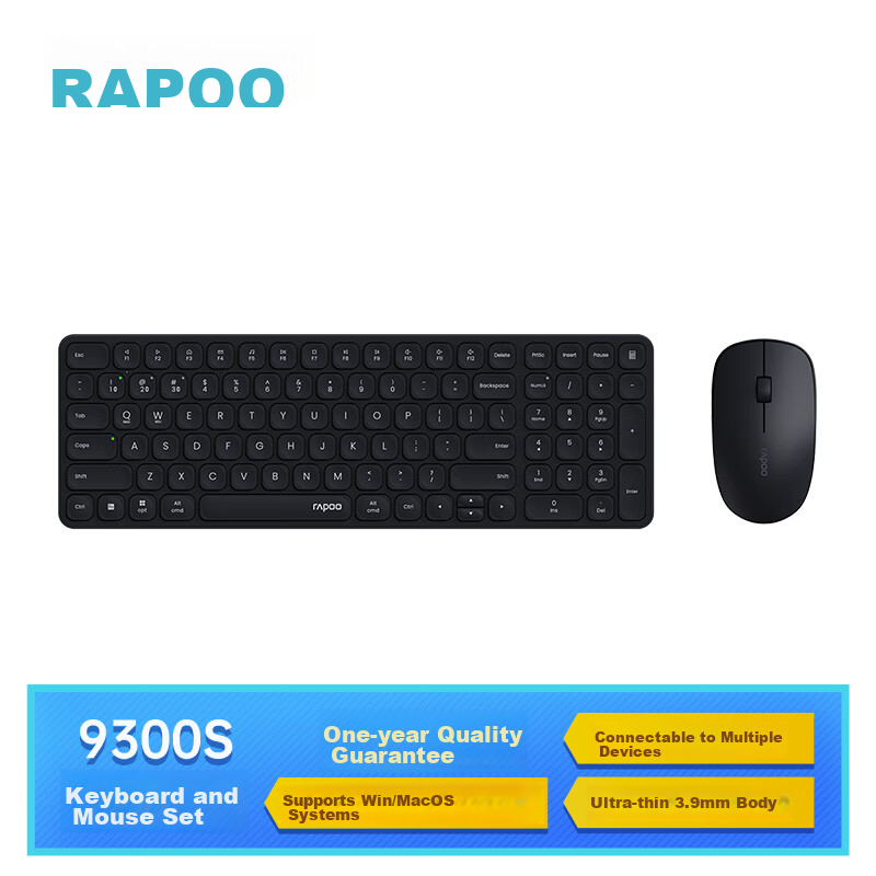 Rapoo 9300S 99-Key Wireless/Bluetooth Multi-Mode Keyboard And Mouse Set, Ultra-Thin Compact Portable Wireless Keyboard, Compatible with Windows/MacOS Dual Systems, Dark Gray
