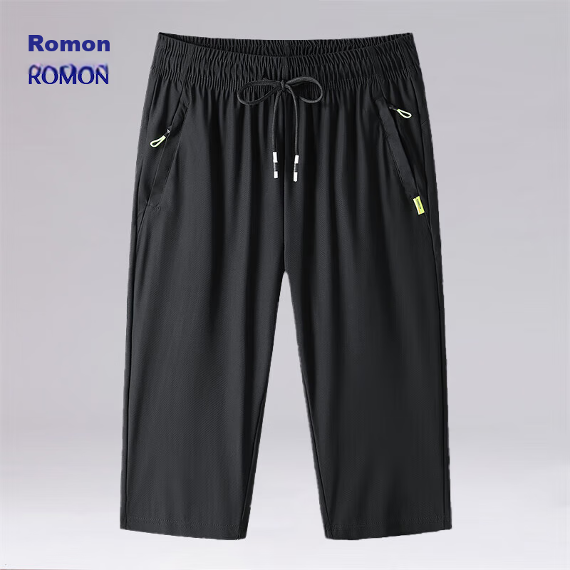 ROMON Men's Shorts, Summer Ice Silk Quick-Dry Casual Outdoor Hiking Sports, Large Size Three-Quarter Pants, Men's 2105 Black XL