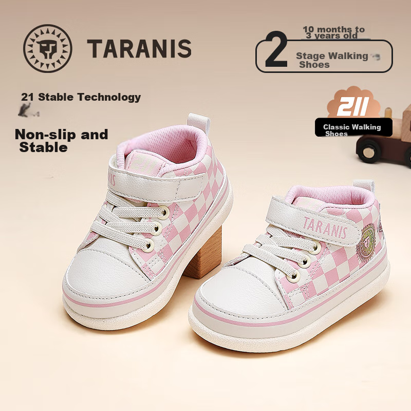 Tailannisi 211 Spring Boys' Walking Shoes, Girls' Soft-Soled Baby Shoes, Non-Slip Functional Shoes, Pink/plaid, Size 23