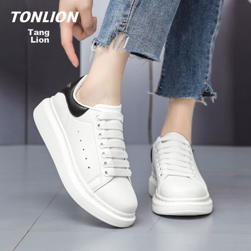 TonLion Women's Shoes, Summer Thick-Soled White Sneakers, Ladies Casual Skateboard Shoes, Versatile Sports Shoes, White And Black, Size 37