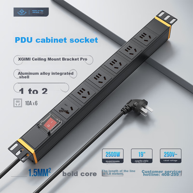 Same As Image PDU Power Strip, 1.8 Meters, 6 Outlets, 10A Cabinet PDU Socket, Cabinet Power Distributor, Engineering Expansion PDU Industrial Socket, Power Strip, Master Switch K61602