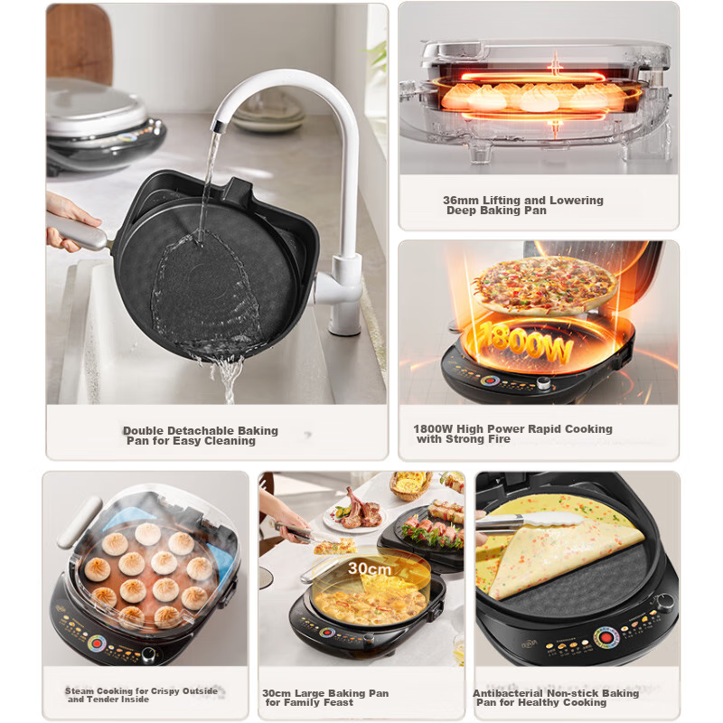 SUPOR Electric Griddle, Detachable Upper And Lower Plates, Double-Sided Heating for Pancakes And Crepes, Breakfast Maker And Grill, 36mm Deep Anti-Bacterial Adjustable Baking Tray, JJ30RQ803