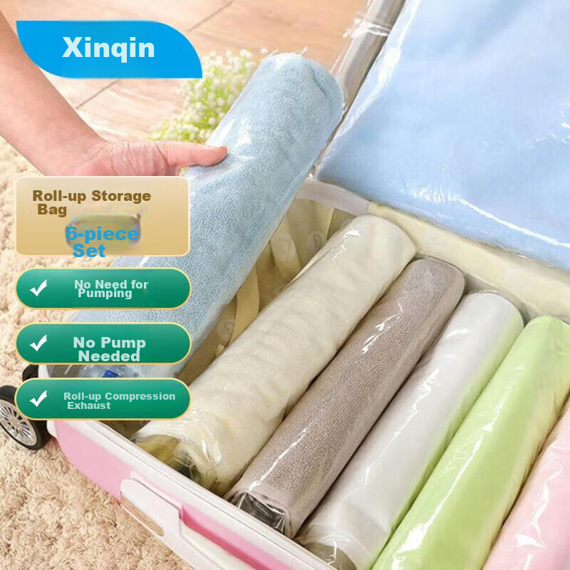 Xinqin Hand-Rolled Vacuum Travel Compression Bags, No Pumping Required, Waterproof Clothing Storage Bags, 6-Piece Set