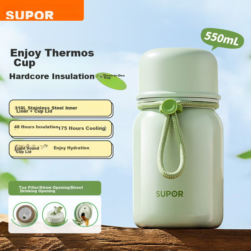 Supor 316L Stainless Steel Straw Insulated Tumbler, Stylish Portable Water Bottle for Girls And Students, 550mL, Mint Green