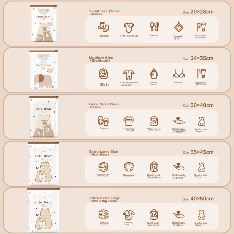 Baicaoyuan Travel Clothes Storage Bags, PE Zipper, Laundry Bags, Shoe Bags, 5 Small, 5 Medium, 5 Large, 5 Extra Large, 5 Extra Extra Large, 25-Piece Set