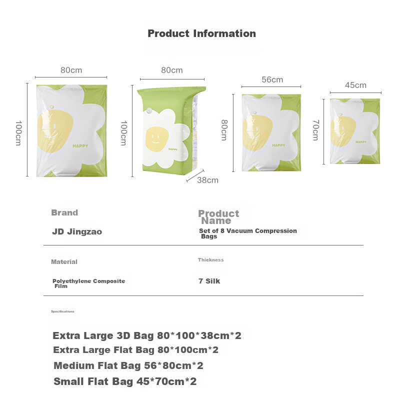 Jingzao Vacuum Compression Storage Bags, Dual-Use for Vacuum And Compression, Clothes And Quilt Organizer Bags, Sealed 3D Wide, 8-Piece Set
