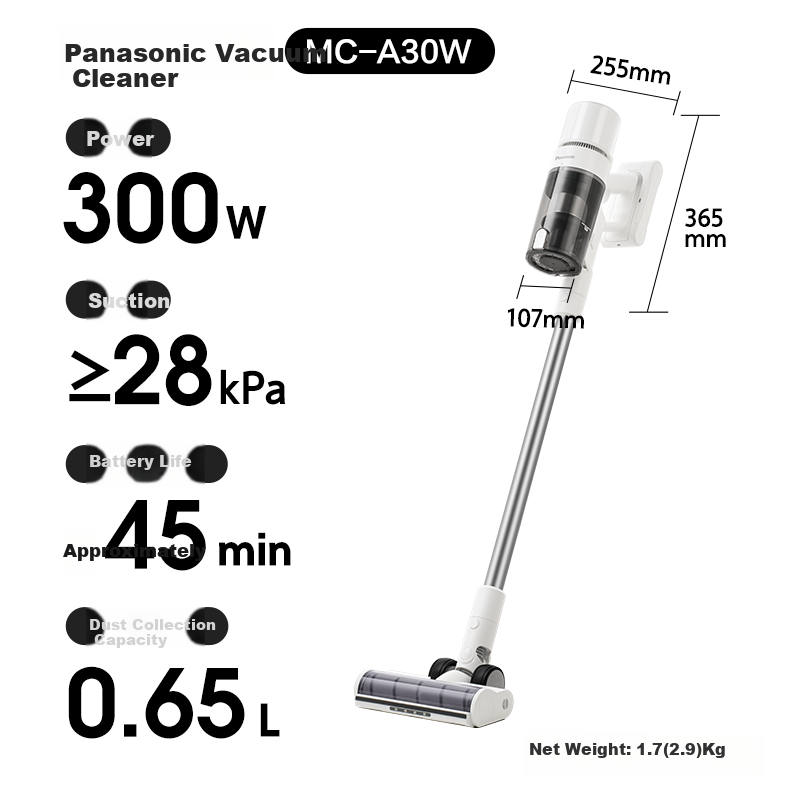 Panasonic [Government Subsidy] Cordless Handheld Vacuum Cleaner with Green Light Dust Indicator, Anti-Hair Tangling, Powerful Suction, Low Noise for Cat And Dog Hair, MC-A30W