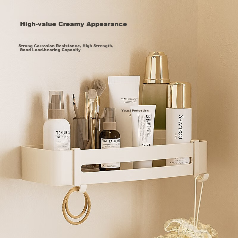 Jingzao Cream Series Space Aluminum Square Basket, No-Drill Bathroom Storage Rack, Wall-Mounted Hooks for Toilet, Organizer