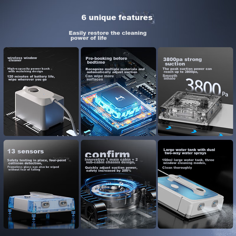 Hete W9 Automatic Window Cleaning Robot, Intelligent Frequency Conversion, Dual-Use for Wet And Dry Cleaning, Electric Glass Cleaning Machine