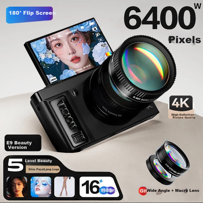 Aigo E9S Flip Screen Selfie Digital Camera for Students, Birthday Gift for Girls, Entry-Level Mirrorless Camera, High-Definition Travel Alternative to Ccd, Black 128GB Wide-Angle Lens