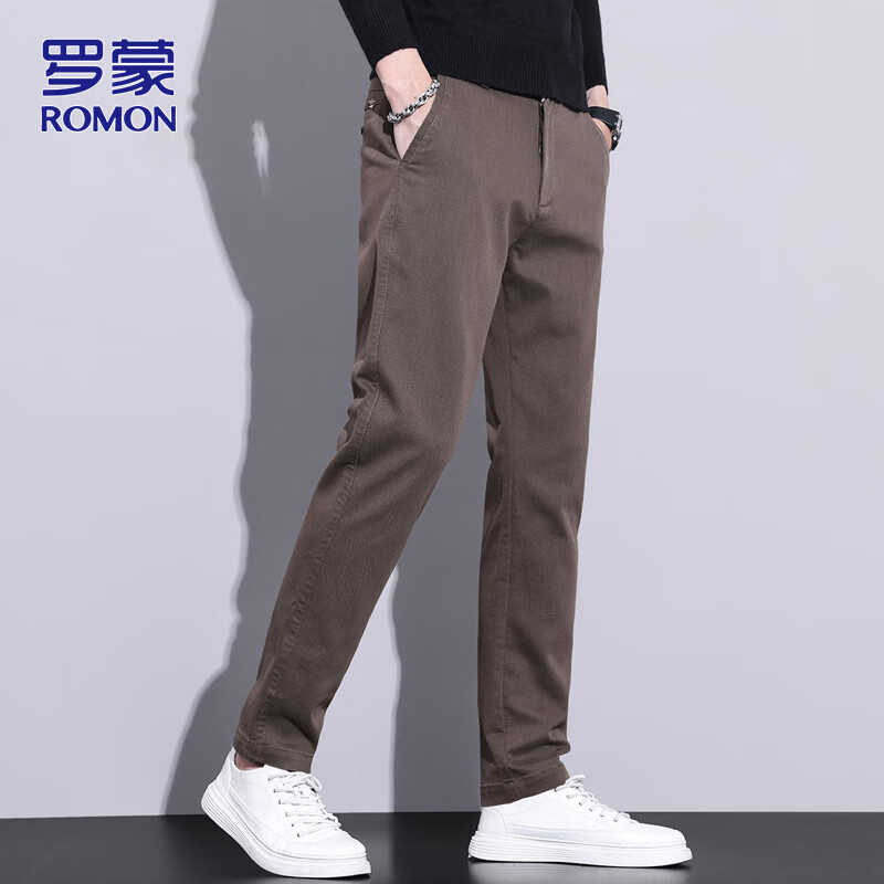 ROMON Men's Casual Pants Autumn and Winter Korean Style Men's Straight Wide-Leg Business All-Match Men's Pants Coffee Color Size 30