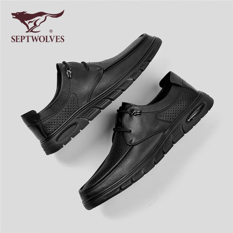 SEPTWOLVES Official Men's Shoes, Breathable Footwear, Casual Shoes for Men, Perforated Cowhide Leather Shoes W8333062038, Black, Size 40