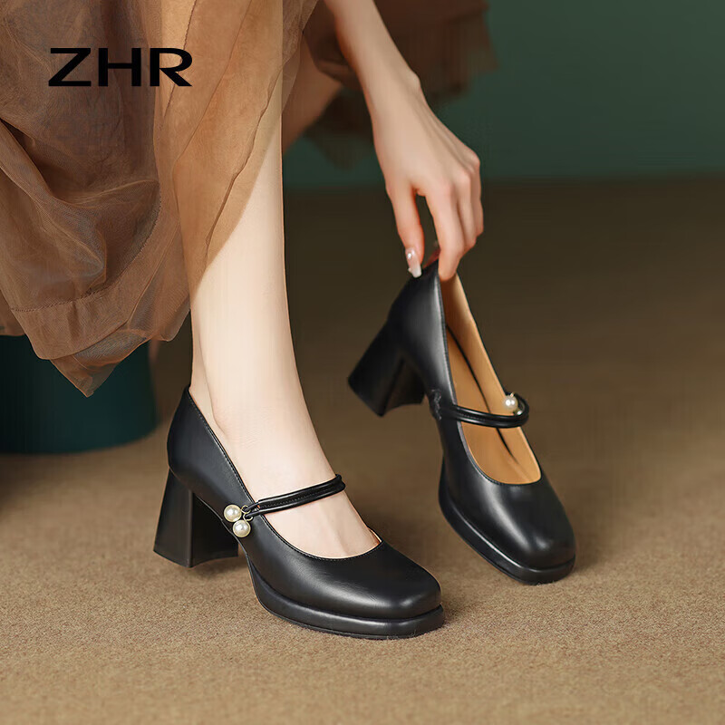 ZHR Mary Jane Shoes Women Spring Autumn Retro French Style Chunky High Heels Single Shoes Women Square Toe Elegant Women's Shoes SA37 Black 36