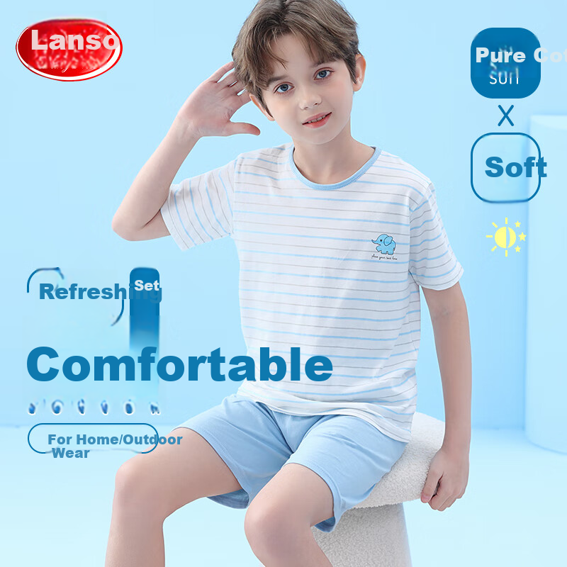 LangSha Boys' Summer Thin Cotton Pajamas Set Short Sleeve Home Wear Light Blue 130