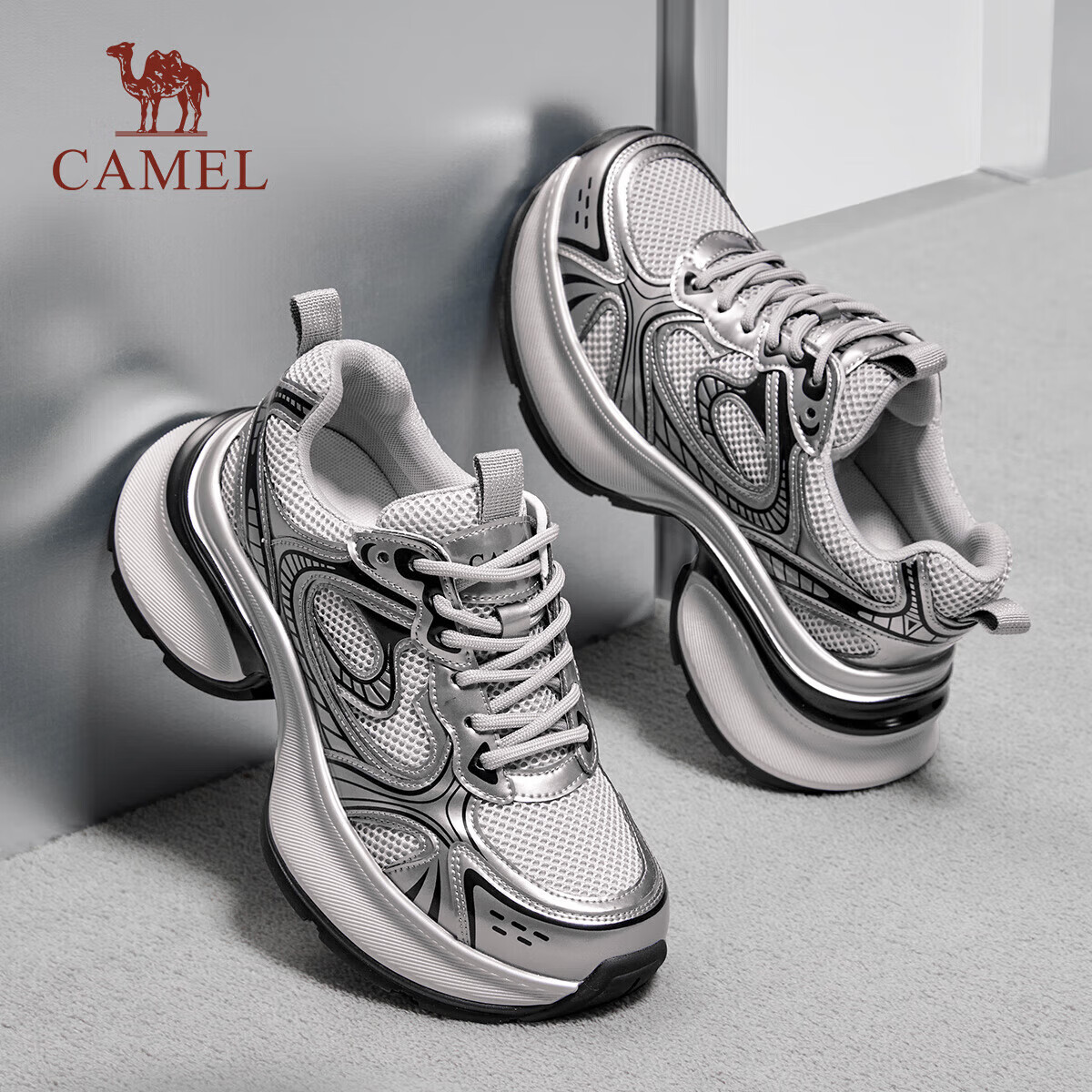 CAMEL Women's Chunky Sneakers Silver Thick-soled Sports Casual Shoes L25S283076 Gun Black 38