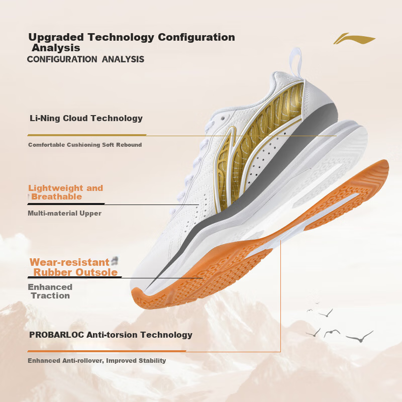 LI-NING Ping Pong Shoes Eagle Eye 3.0 Anti-slip Wear-resistant Breathable Professional Training Sports Shoes Unisex White/Bright Gold Size 41